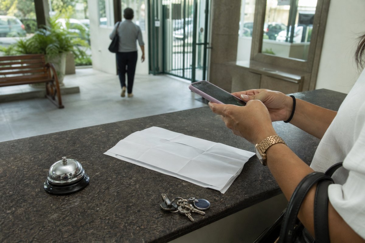 Mãos de uma síndica digitalizando um documento com o celular no balcão da portaria do prédio