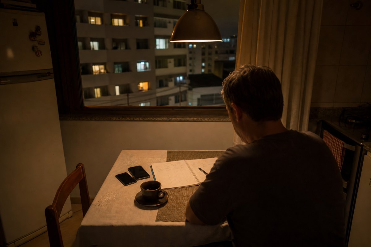 Síndico de costas comparando opções em um caderno na mesa da cozinha, à noite, com dois celulares virados
