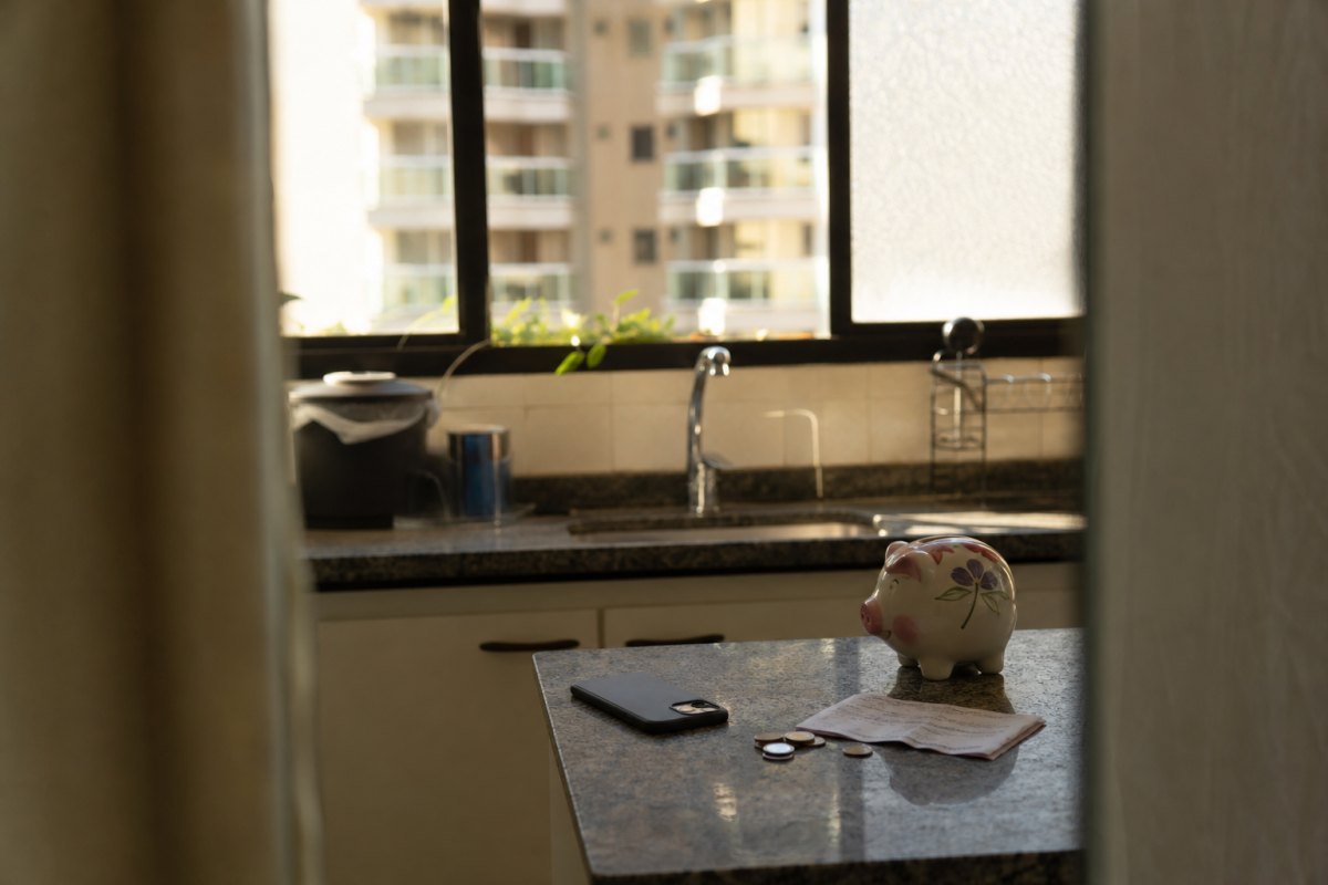 Bancada de cozinha com celular virado, cofrinho, moedas e um aviso do prédio dobrado